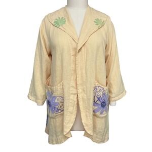 Blue Fish Linen Wmns Jacket Tunic O/S Butter Yellow Hand Block Print Floral VTG